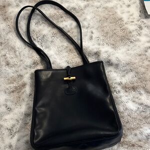 Longchamp Elegant Navy Blue Leather Shoulder Bag with Lock and dust bag